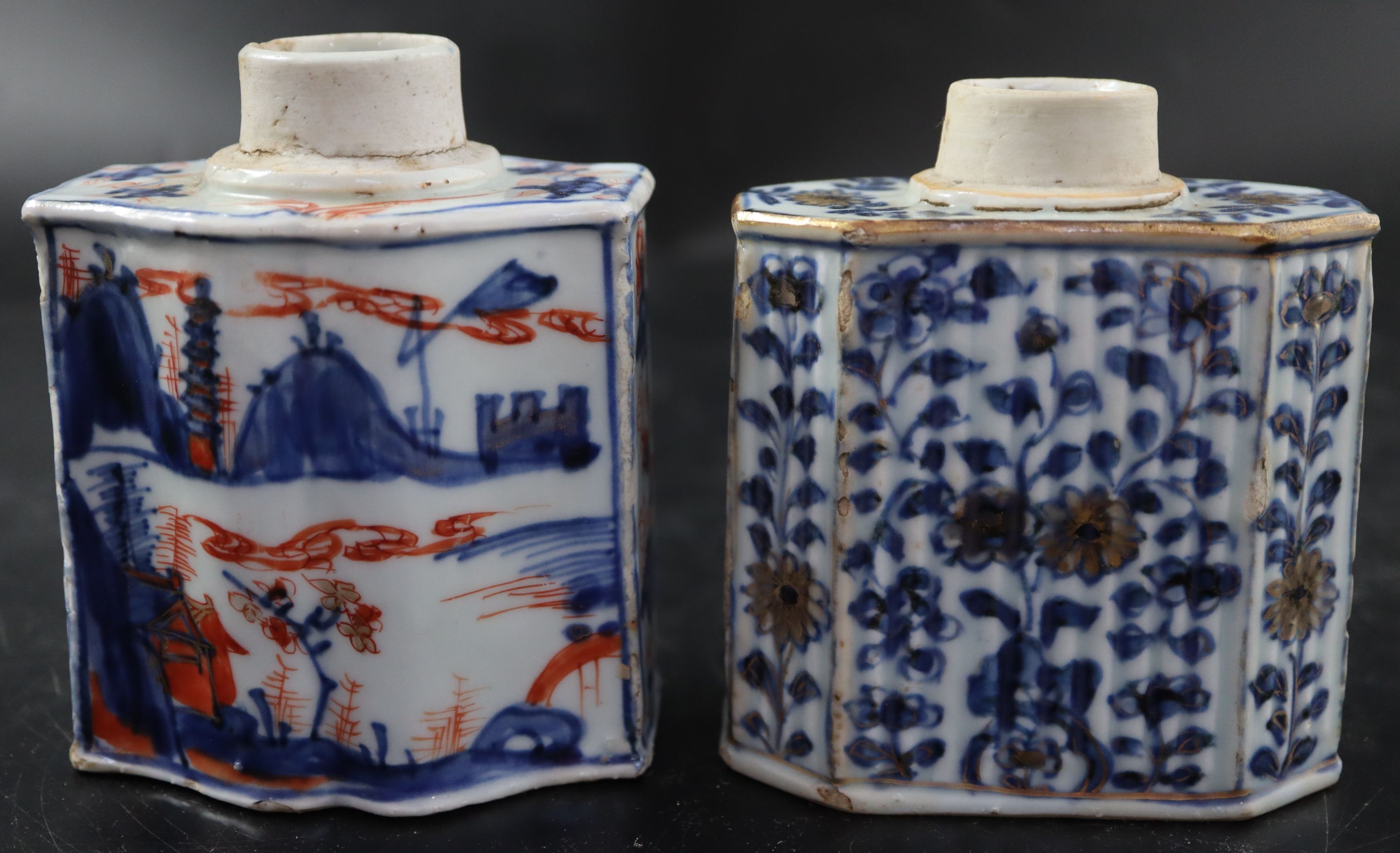 Two 18th century Chinese porcelain tea caddies, a cup and a Ming enamelled bronze lid